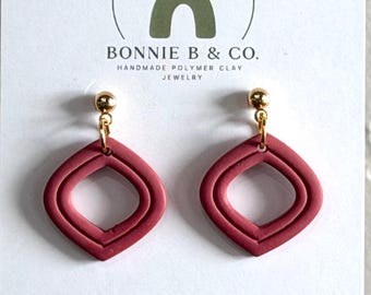 Rosewood Geometric Dangle Earrings | Lightweight Polymer Clay Earrings | Modern Minimalist Jewelry | Handmade Statement Earrings