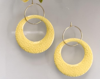 Butter Yellow Flower Hoop Earrings | Polymer Clay Statement Earrings | Lightweight Boho Jewelry