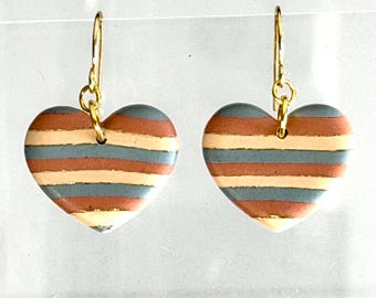 Painted Desert Heart Earrings, Southwestern Clay Dangles, Boho Striped Polymer Clay Jewelry, Lightweight Handmade Gift