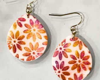 Orange Floral Clay Earrings | Lightweight Teardrop Earrings | Handmade Polymer Clay Jewelry | Gold Dangle Earrings