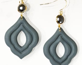 Blue Geometric Clay Earrings | Modern Statement Earrings | Lightweight Polymer Clay Jewelry | Handmade Gold Dangle Earrings