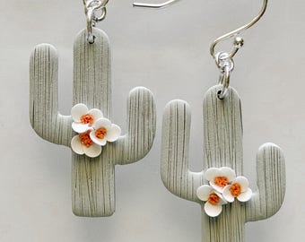 Saguaro Cactus Earrings with Blossoms | Handmade Polymer Clay Dangles | Desert Boho Jewelry | Lightweight Western Earrings Gift for Her