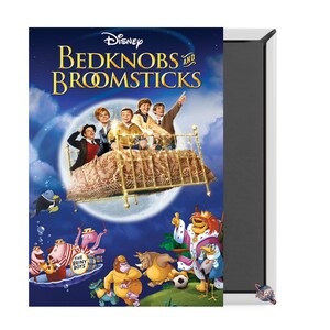 May include: A vintage-style poster for the Disney movie Bedknobs and Broomsticks. The poster features a group of children flying on a bed with a golden frame, against a backdrop of a full moon and a starry night sky. The title of the movie is prominently displayed at the top of the poster.