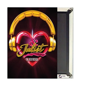 May include: A red heart with a gold pair of headphones over it. The text "& Juliet" is written in gold cursive script with the words "The New Musical" below it.