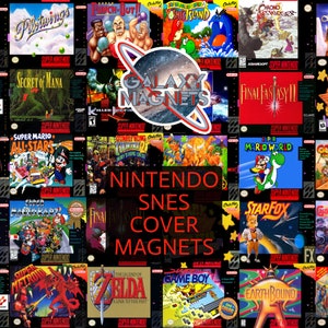 May include: A collage of 24 Super Nintendo Entertainment System (SNES) game cartridge covers. The covers feature popular titles such as Donkey Kong Country, Secret of Mana, Final Fantasy II, Kirby Super Star, Super Mario All-Stars, and more. The image also includes the text "GALAXY MAGNETS" and "NINTENDO SNES COVER MAGNETS".