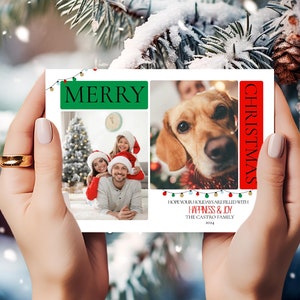 Merry Christmas Greeting Card, 2 Photo Family Holiday Card, Digital, Printable, Editable, 5x7, PDF, JPG, PNG