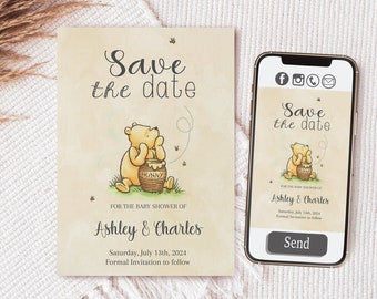 Winnie the Pooh Baby Shower Save the Date Cards (Digital, Editable)