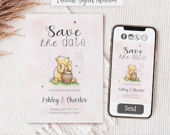 Winnie the Pooh Baby Shower Save the Date Cards (Digital, Editable)