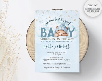 Sleeping Bear Baby Shower Invitation, Editable (5x7, JPG, PDF)