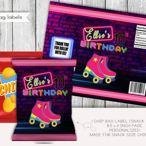 Patinaje sobre ruedas cumpleaños bocadillo tamaño Chip bolsas etiquetas, favores de fiesta, etiquetas, imprimibles, personalizadas, digitales