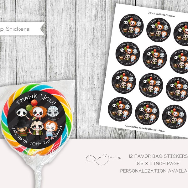 Horror Movie Baby Shower lollipop Stickers, Classic Scary Movies lollipop Party Favors, Printable, Digital, Personalized