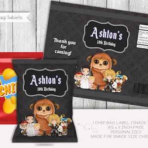 Etiqueta de bolsa de chip de tamaño de bocadillo de cumpleaños de rey oscuro y princesa, etiquetas de princesa, favores de fiesta, personalizado, Digital