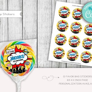Superhero Comic Book Birthday lollipop Stickers, Party Favors, Labels, Stickers, Digital, Printable, Editable, 2 Inch, JPG, PDF