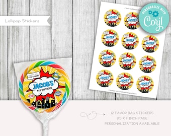 Superhero Birthday Lollipop Stickers, Editable Party Favors (Digital, Printable)