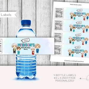 May include: Four printable water bottle labels featuring a cartoon illustration of four women with the text "MADISON'S 50th Birthday Party". The labels are 8.5 x 11 inches.