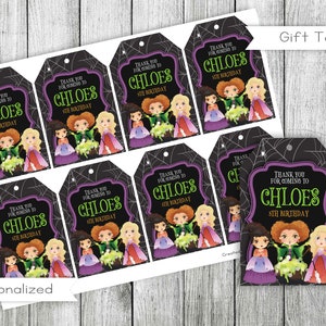Witch Sisters Birthday Thank you Tags, Halloween favor tags, Witch Halloween Gift Tags, digital, Personalized