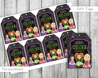 Witch Sisters Birthday Favor Tags, Personalized Halloween Gift Tags (Digital)