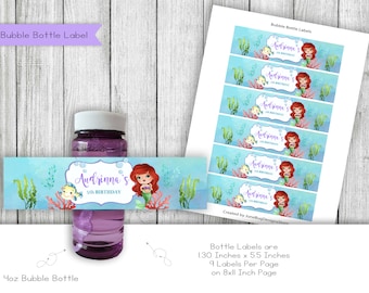Little Mermaid Bubble Bottle Labels, Personalized Party Favors (Digital)