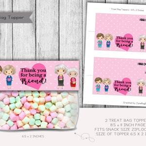 May include: Two printable treat bag toppers featuring a pink background with white polka dots and illustrations of four women with pink hearts. The text on the toppers reads "Thank you for being a Friend!" and "To: From:". The toppers are 6.5 inches by 2 inches.