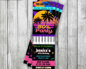 Uitnodigingen verjaardagsfeestje 80's, kaartjes voor evenementen, retrofeest, gepersonaliseerd, afdrukbaar, digitaal bestand