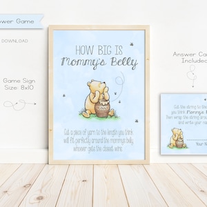 Chá de bebê clássico do Ursinho Pooh Qual o tamanho da barriga da mamãe, cartões de sinalização e resposta, para impressão, digital, download instantâneo