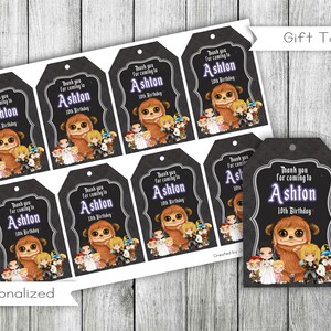 May include: Set of 8 printable gift tags featuring a furry creature with a purple background. The tags say "Thank you for coming to Ashton's 10th Birthday".