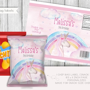 Etiquetas de bolsa de chip de tamaño de bocadillo de cumpleaños de arco iris de unicornio, favores de fiesta, etiquetas, imprimibles, personalizadas, digitales