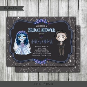 May include: A black and white invitation with a spiderweb background. The invitation is for a bridal shower honouring Ashley and Robert. The invitation features cartoon illustrations of a bride and groom dressed in a gothic style. The text on the invitation reads "Join us for a Bridal Shower Honouring Ashley & Robert Saturday, October 31st 4:00pm - 7:00pm 12345 Halloween Road Halloween Town, FL. 33141 RSVP to Molly at (305) 777-9999 Registered at Target & Amazon"