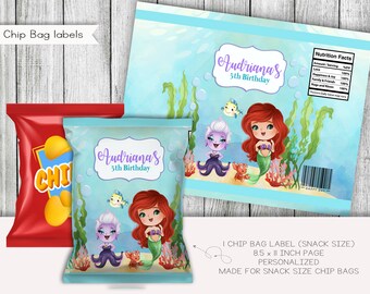 Etiquetas para bolsas de papas fritas de La Sirenita, regalos de fiesta, etiquetas, imprimibles, personalizadas, digitales