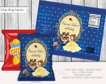 May include: A printable chip bag label featuring a blue background with a gold frame and a princess and beast illustration. The text reads "Princess Amber's 6th Birthday".
