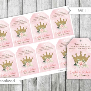 Princess Gold Crown Baby Shower Thank you Tags, Pink Baby Girl The Pooh favor tags, Princess Gift Tags, digital, Personalized