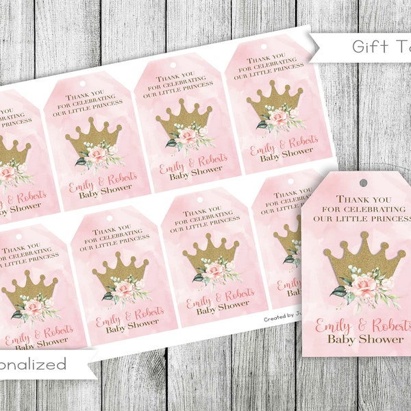 Princess Gold Crown Baby Shower Thank you Tags, Pink Baby Girl The Pooh favor tags, Princess Gift Tags, digital, Personalized