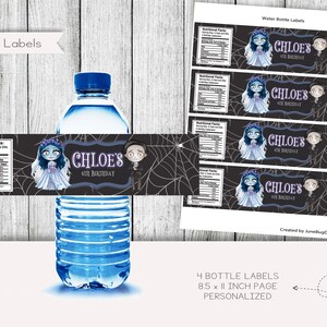 May include: Four printable water bottle labels featuring a cartoon bride and groom in a gothic style. The labels are black with a spiderweb design and the text "Chloe's 6th Birthday".