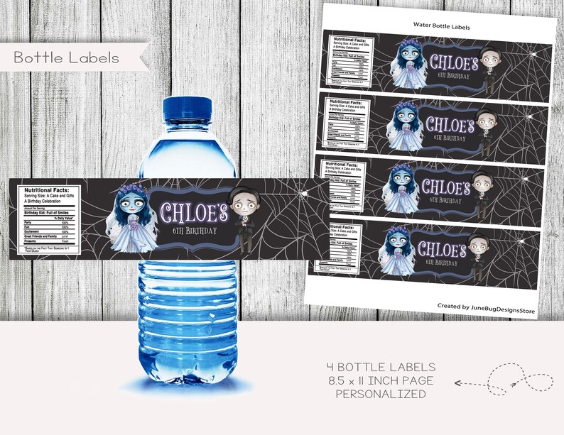 May include: Four printable water bottle labels featuring a cartoon bride and groom in a gothic style. The labels are black with a spiderweb design and the text "Chloe's 6th Birthday".