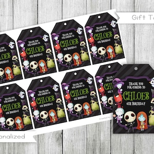May include: Black and green gift tags with a striped background featuring characters from the Nightmare Before Christmas. The text on the tags reads "Thank you for coming to Chloe's 6th Birthday".