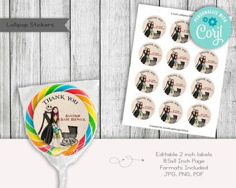 Nightmare Baby Shower Lollipop Stickers, Editable Party Favors (Digital)