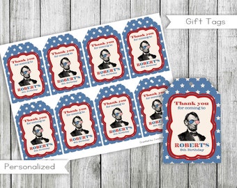 Cool Presidents Birthday Merci Tags, Étiquettes cadeaux, Drapeau américain, Party Favors, Personnalisé, Imprimable, Fichier numérique