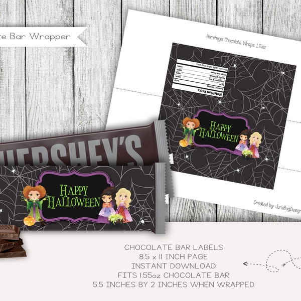 Sister Witches Halloween Chocolate Bar Labels, Scary Movie Party Favors, Personalized, Candy Bar Labels, Digital, Instant Download