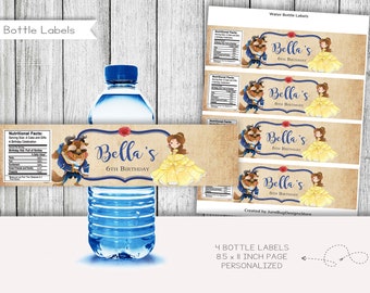 May include: Four printable water bottle labels featuring a cartoon illustration of Belle and the Beast from the Disney movie Beauty and the Beast. The labels are designed for a 6th birthday party and feature the text "Bella's 6th Birthday".