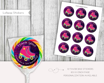 Roller Skating Birthday Lollipop Sticker Labels, Neon, Glow Toppers, Party Favors, Printable, Digital, Personalized