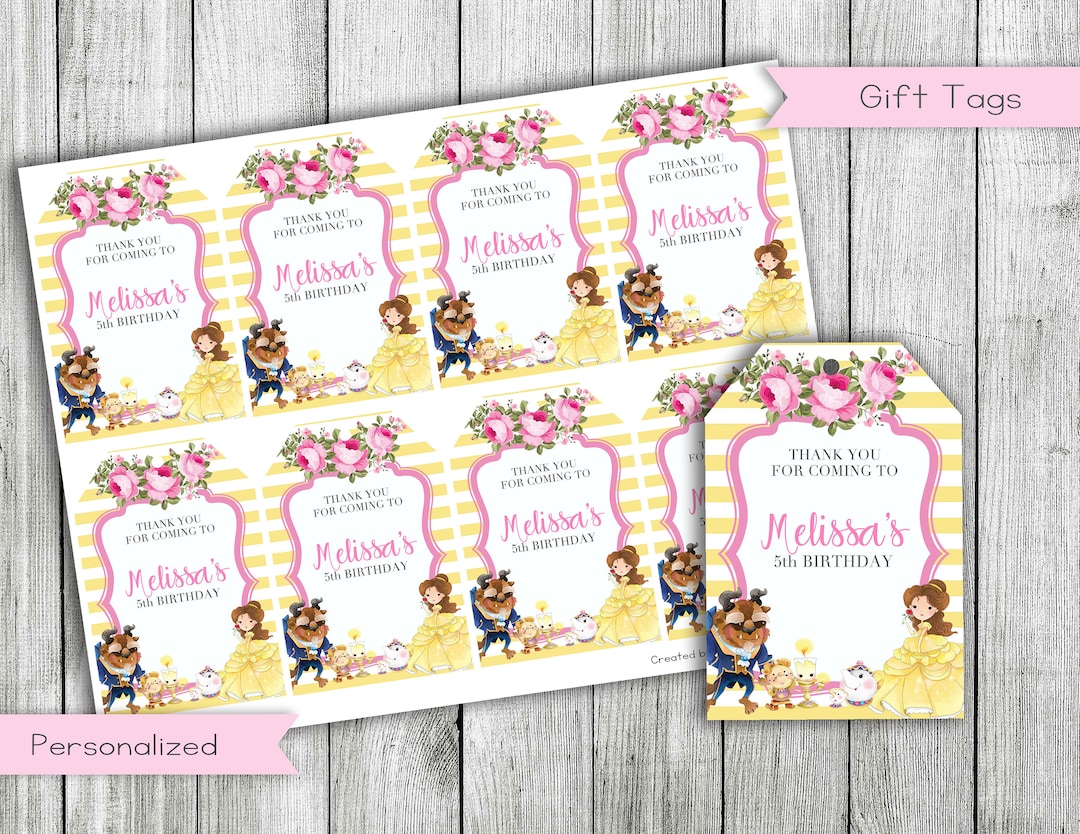 Beauty and the Beast Thank You Gift Tags, Princess Birthday Favor Tags ...