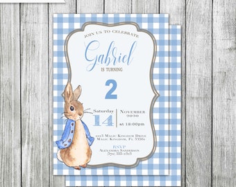 Easter Rabbit Birthday Invitation, Blue Gingham Invitation, Personalized, Printable, Digital