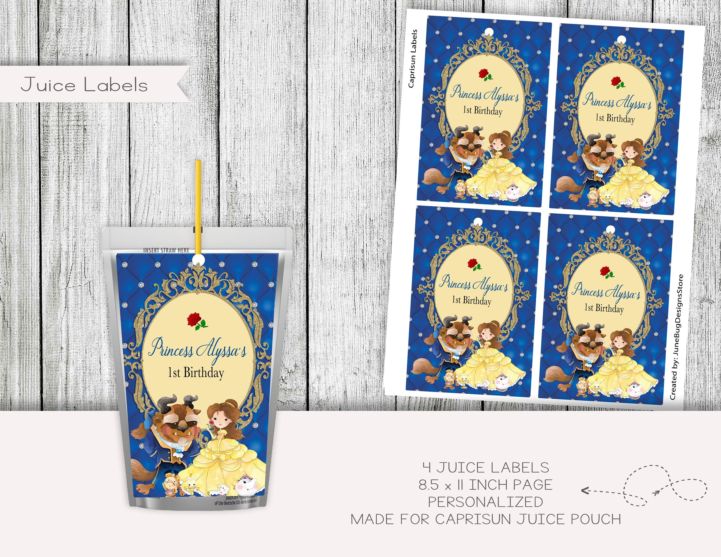 Beauty and the Beast Birthday Lollipop Sticker Labels, Princess Toppers ...