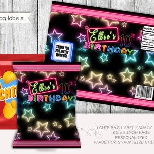 Resplandor fiesta cumpleaños bocadillo tamaño Chip bolsa etiquetas, favores de fiesta, etiquetas, imprimible, personalizado, Digital