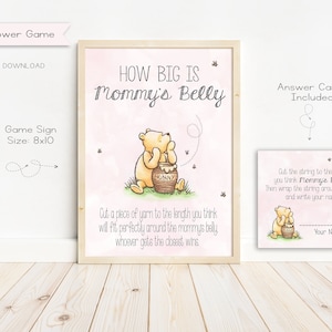 Chá de bebê clássico do Ursinho Pooh Quão grande é o jogo da barriga da mamãe, cartões de sinalização e resposta, para impressão, digital, download instantâneo