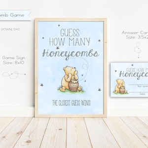 Classic Winnie the Pooh Baby Shower How many honeycombs, Sign and answer cards, Printable, Digital, Instant Download