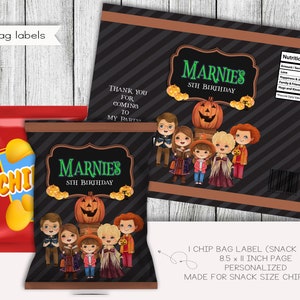 Etiqueta de bolsa de chip de tamaño de bocadillo de cumpleaños de la ciudad de Halloween, etiquetas de Halloween, favores de la familia de Halloween, personalizado, digital
