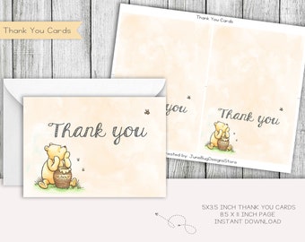 Winnie the Pooh Thank You Cards, Classic Bear Theme (Digital Download)