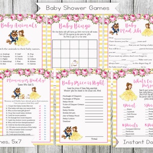 Juegos para baby shower de La Bella y la Bestia, juego de 6 juegos para baby shower de princesas, imprimible, digital, descarga instantánea