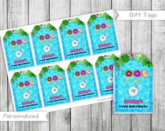 May include: Eight blue and white gift tags with a pool party theme. The tags feature a pool with a blue and white tiled pattern, a pink and white inflatable ring, and the text "Pool Party". The tags also include the text "Ashley's 13th Birthday".